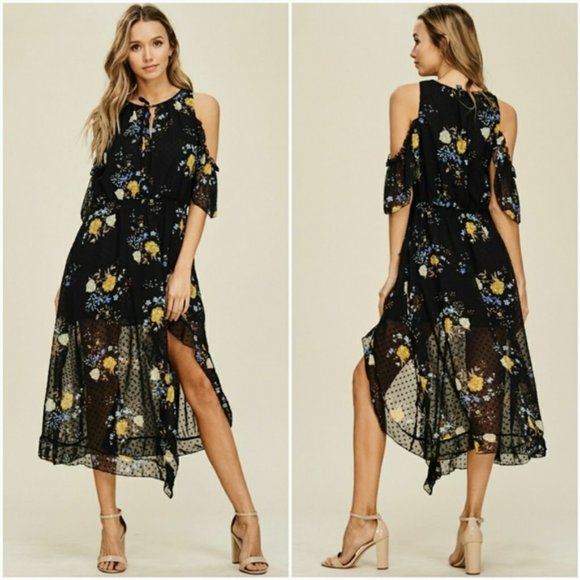 Black Dot Embroidery Floral Ruffle Dress- Medium - Picture 2 of 3